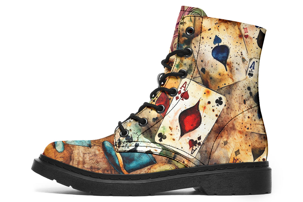 Mismatched beige coloured boots in Alice In Wonderland theme, with each side featuring a different design such as mad hatter, rabbits with clocks, playing cards etc