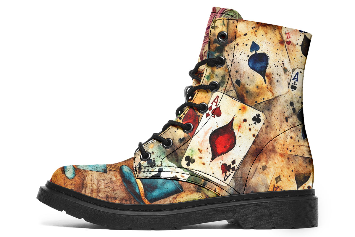 Mismatched beige coloured boots in Alice In Wonderland theme, with each side featuring a different design such as mad hatter, rabbits with clocks, playing cards etc