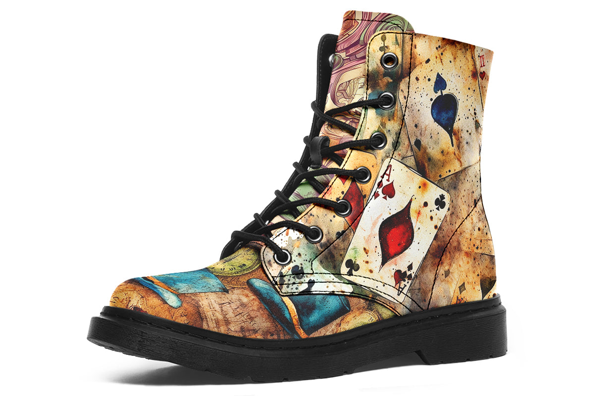 Mismatched beige coloured boots in Alice In Wonderland theme, with each side featuring a different design such as mad hatter, rabbits with clocks, playing cards etc