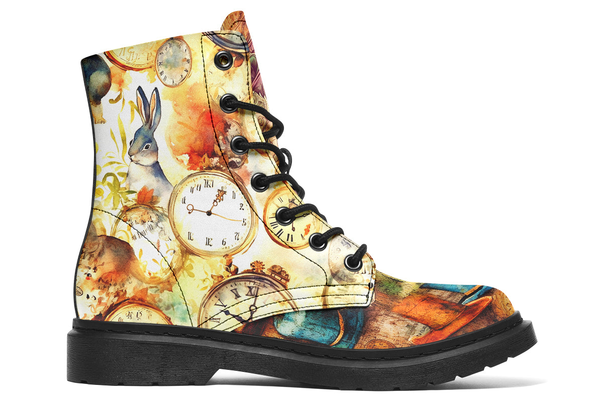 Mismatched beige coloured boots in Alice In Wonderland theme, with each side featuring a different design such as mad hatter, rabbits with clocks, playing cards etc