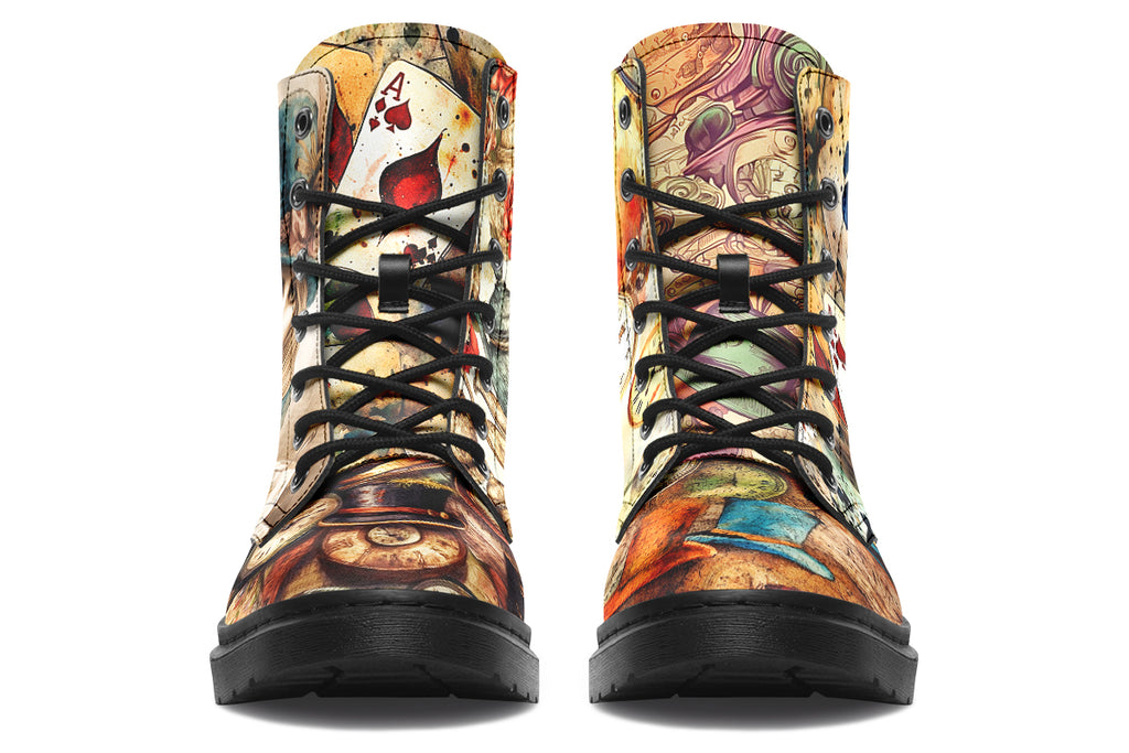 Mismatched beige coloured boots in Alice In Wonderland theme, with each side featuring a different design such as mad hatter, rabbits with clocks, playing cards etc