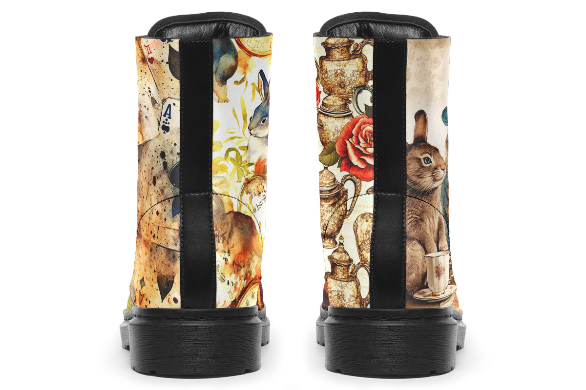 Mismatched beige coloured boots in Alice In Wonderland theme, with each side featuring a different design such as mad hatter, rabbits with clocks, playing cards etc