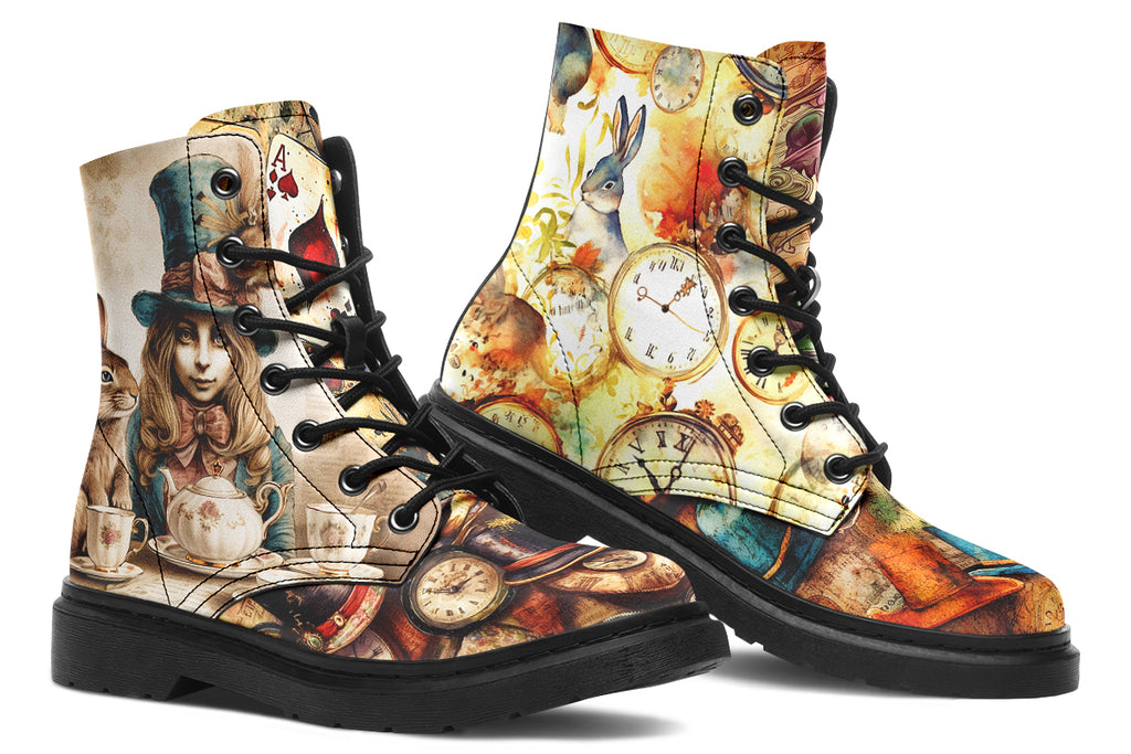 Mismatched beige coloured boots in Alice In Wonderland theme, with each side featuring a different design such as mad hatter, rabbits with clocks, playing cards etc