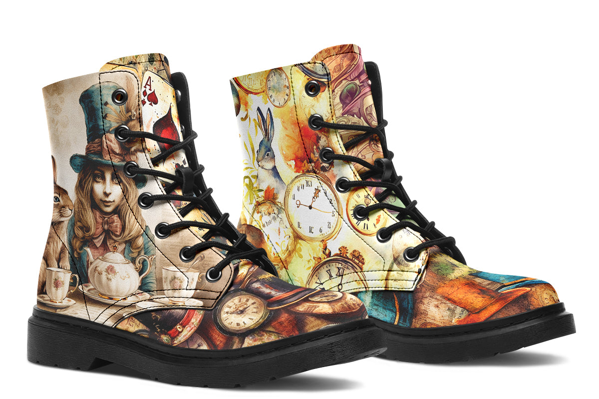 Mismatched beige coloured boots in Alice In Wonderland theme, with each side featuring a different design such as mad hatter, rabbits with clocks, playing cards etc