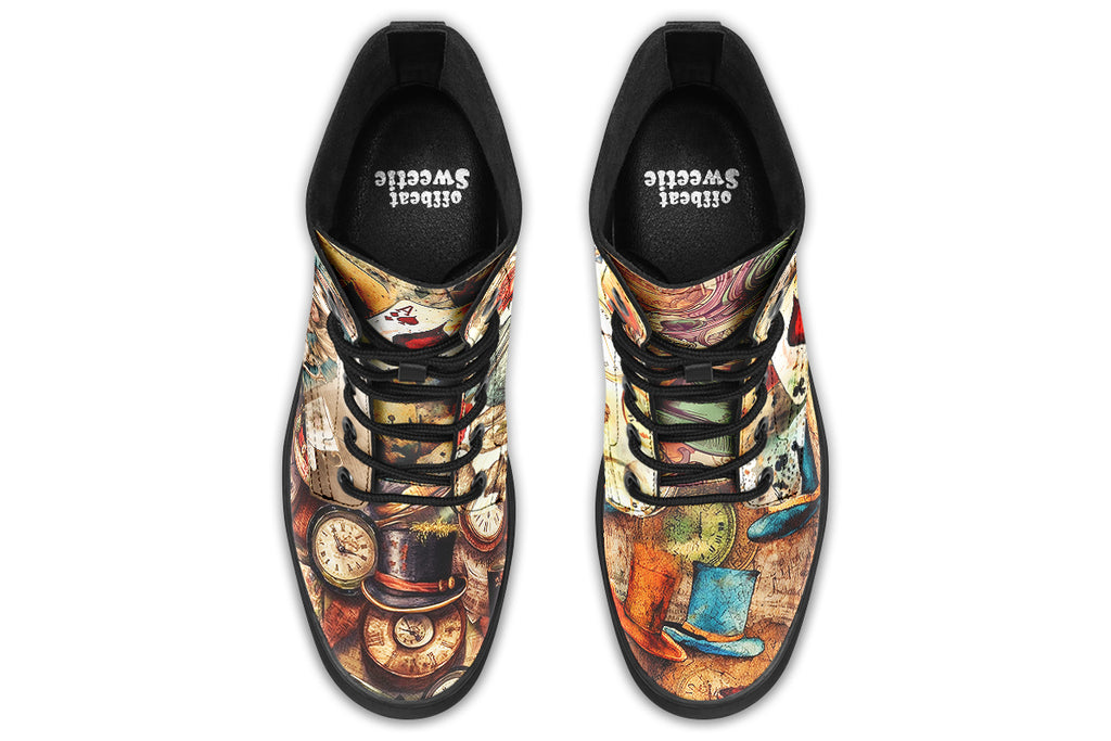 Mismatched beige coloured boots in Alice In Wonderland theme, with each side featuring a different design such as mad hatter, rabbits with clocks, playing cards etc