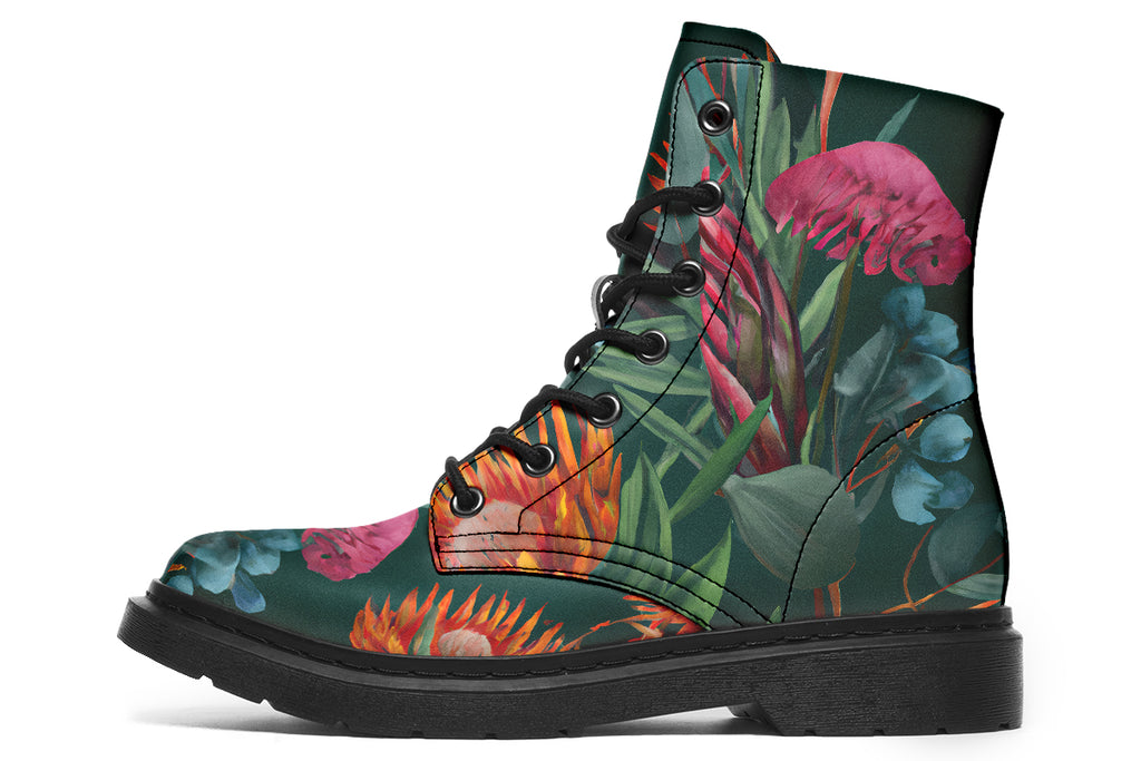 Dark green boots with an Australian floral design