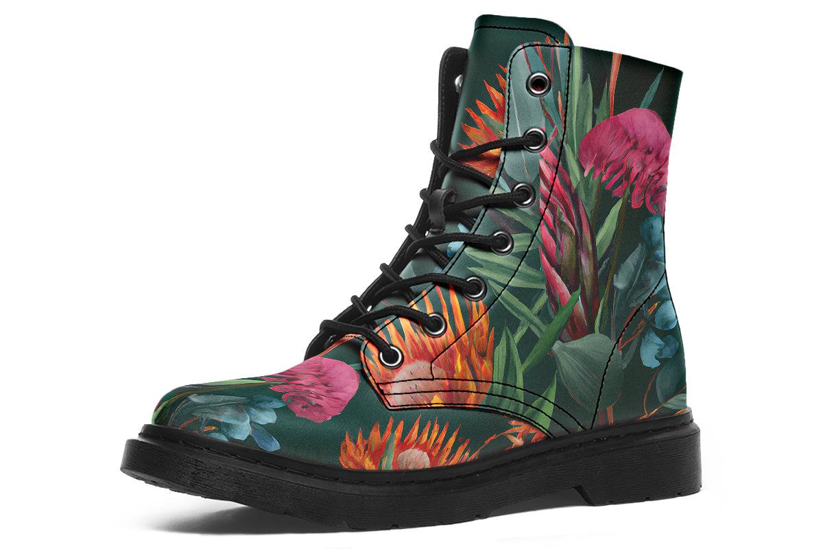 Dark green boots with an Australian floral design