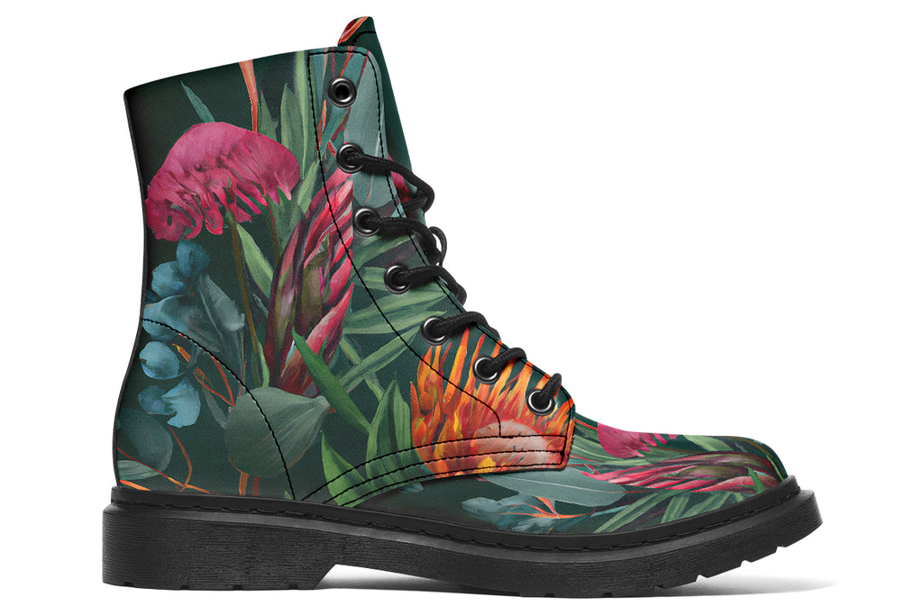 Dark green boots with an Australian floral design