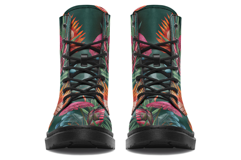 Dark green boots with an Australian floral design