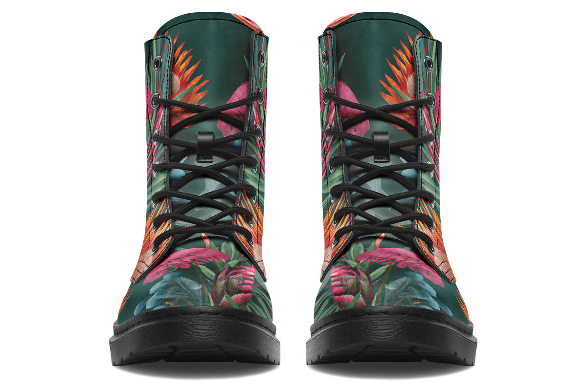 Dark green boots with an Australian floral design