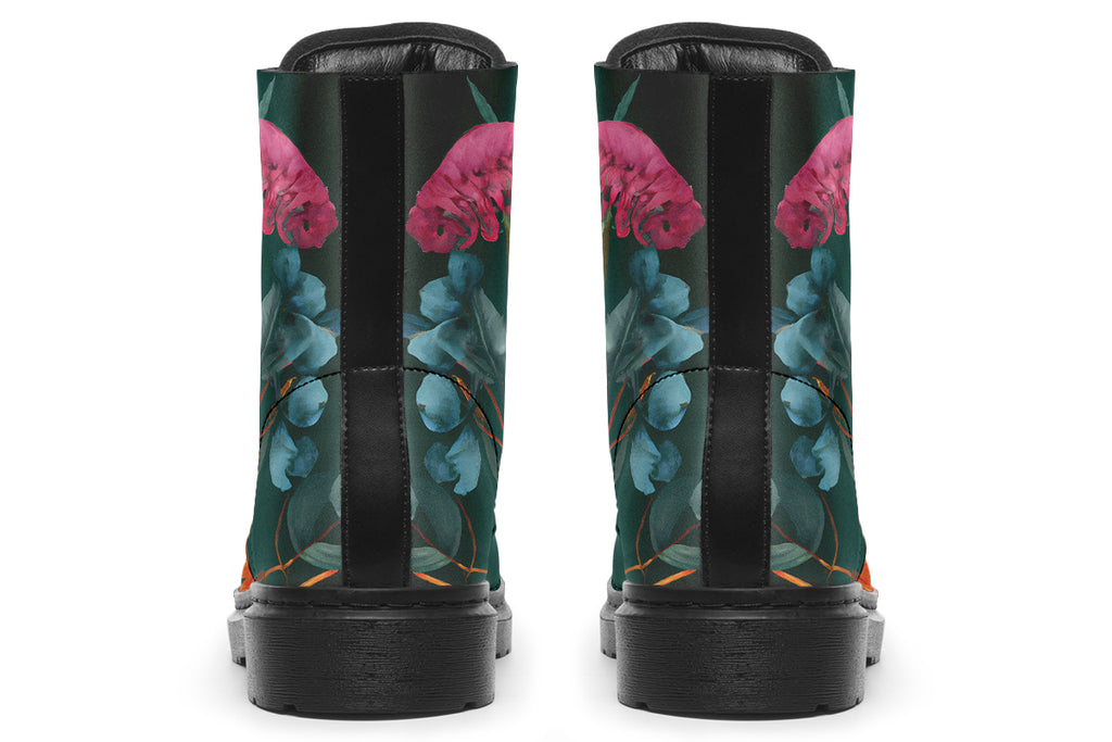 Dark green boots with an Australian floral design