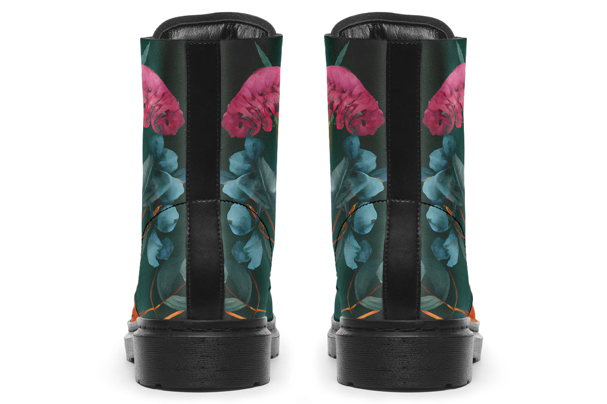 Dark green boots with an Australian floral design