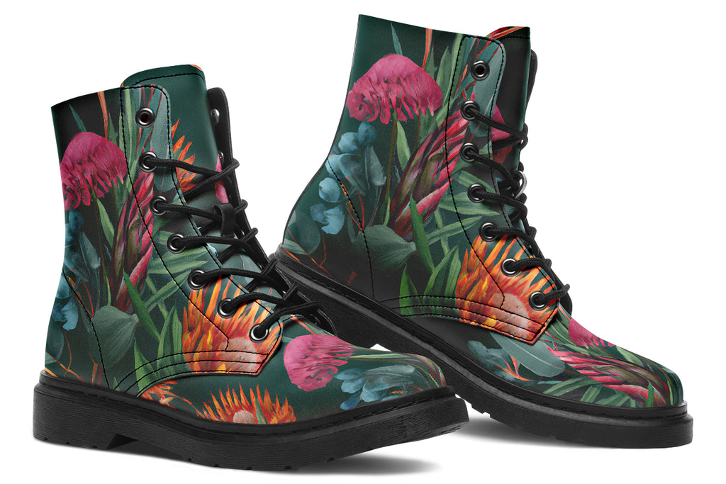 Dark green boots with an Australian floral design