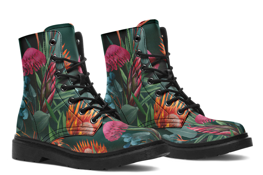 Dark green boots with an Australian floral design