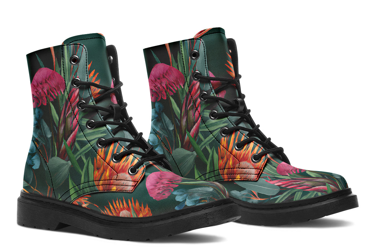 Dark green boots with an Australian floral design
