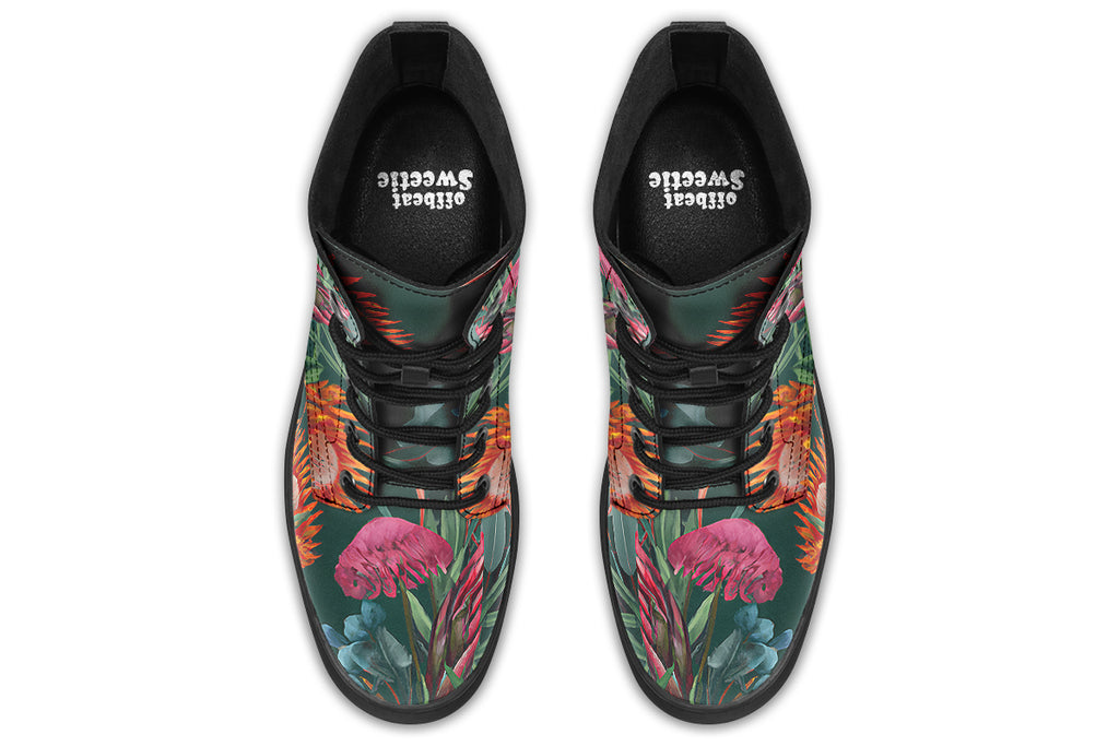 Dark green boots with an Australian floral design