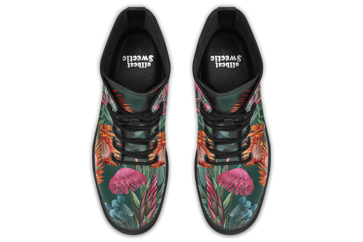 Dark green boots with an Australian floral design