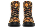 Dark brown boots featuring a pattern of autumn leaves in different shades of browns