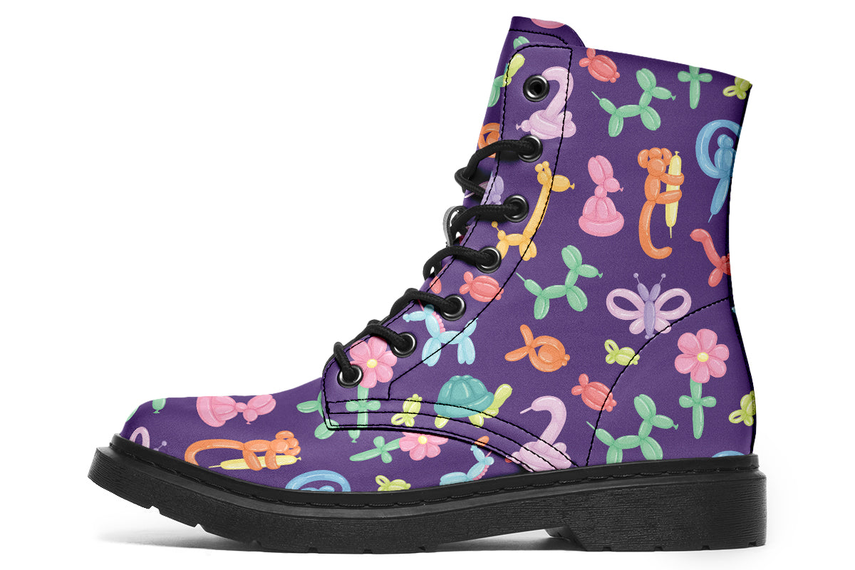 Boots featuring a deep purple background and different coloured ballon animals