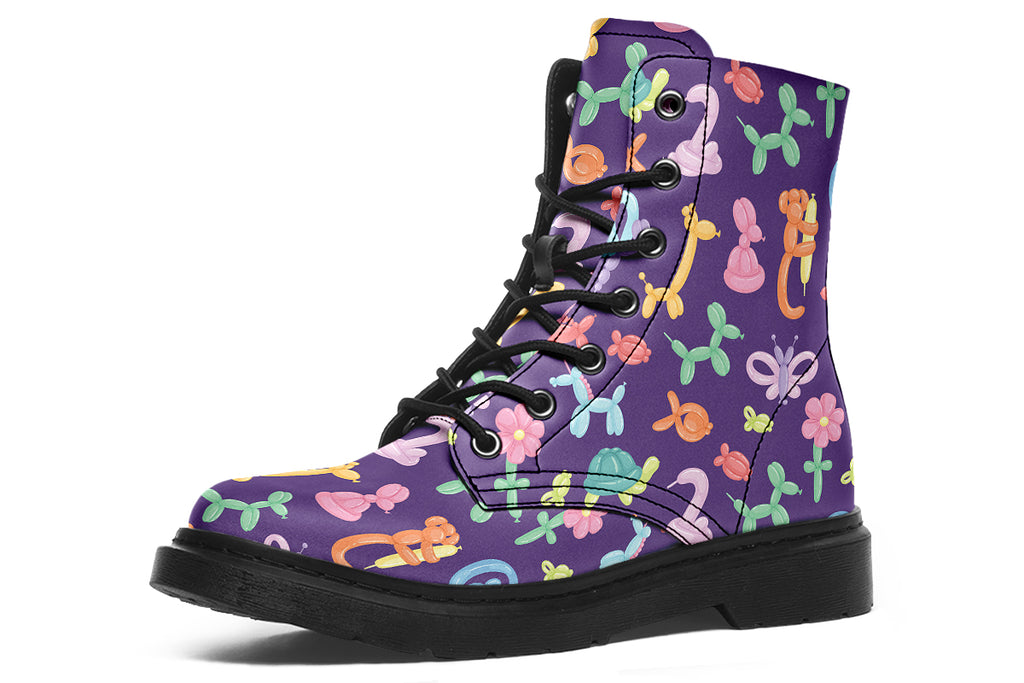 Boots featuring a deep purple background and different coloured ballon animals