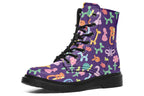 Boots featuring a deep purple background and different coloured ballon animals