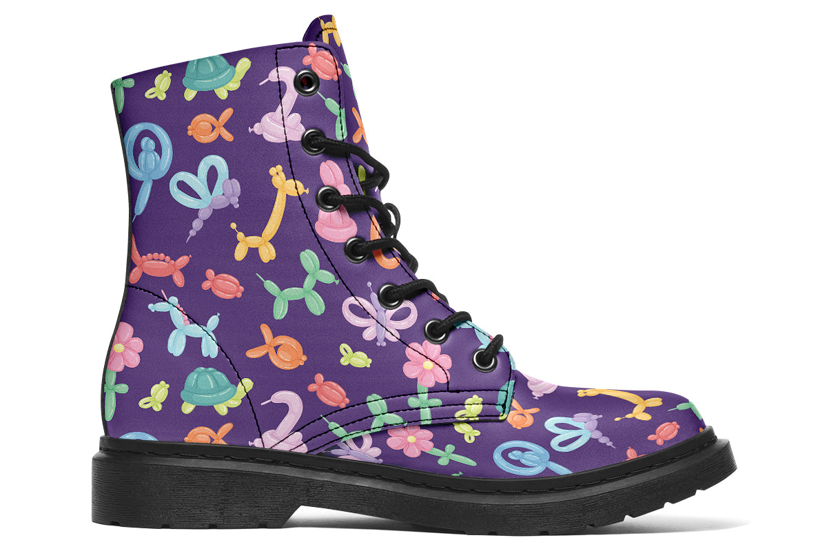 Boots featuring a deep purple background and different coloured ballon animals