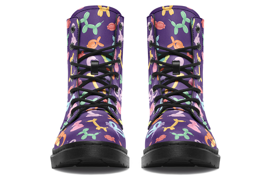 Boots featuring a deep purple background and different coloured ballon animals
