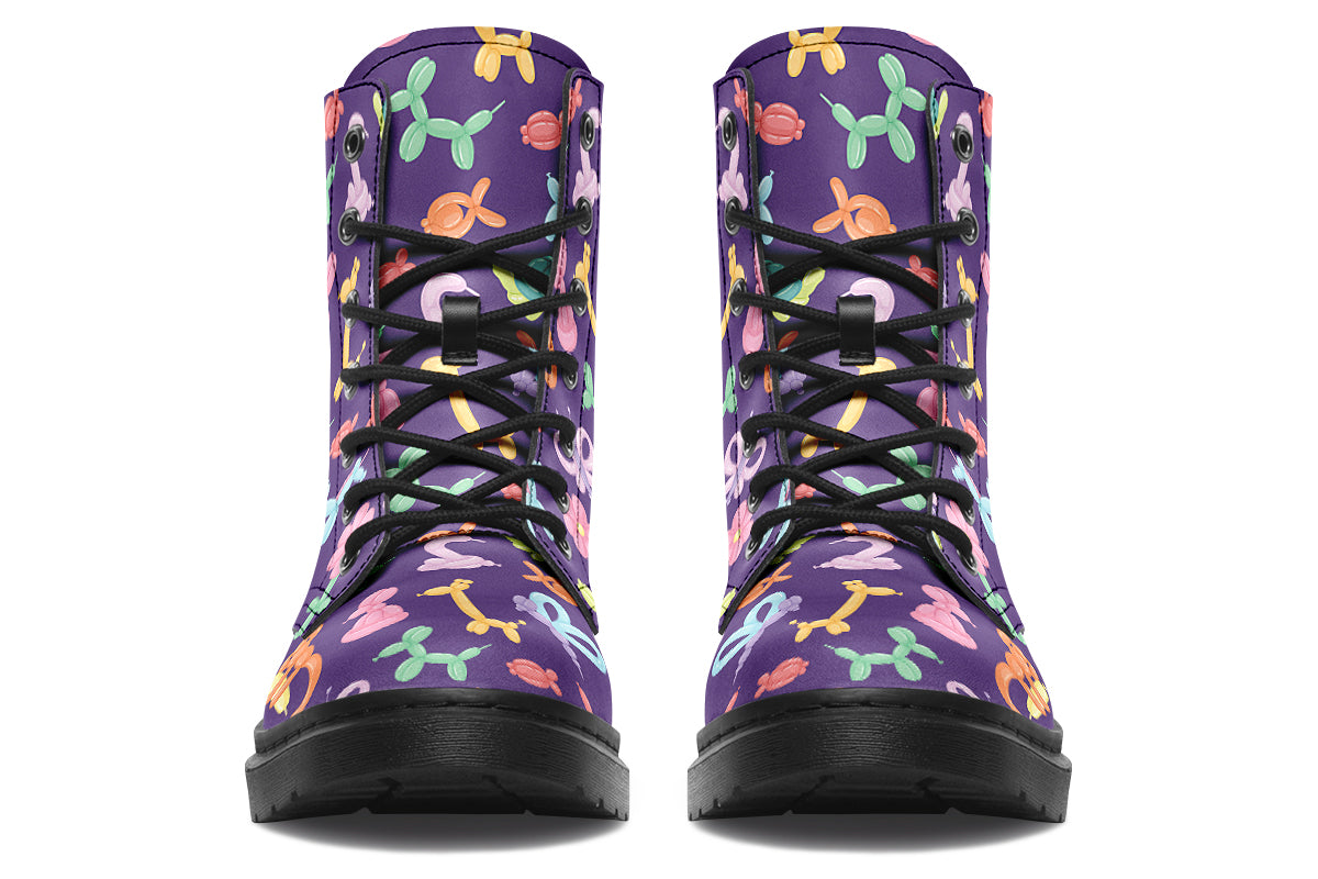 Boots featuring a deep purple background and different coloured ballon animals