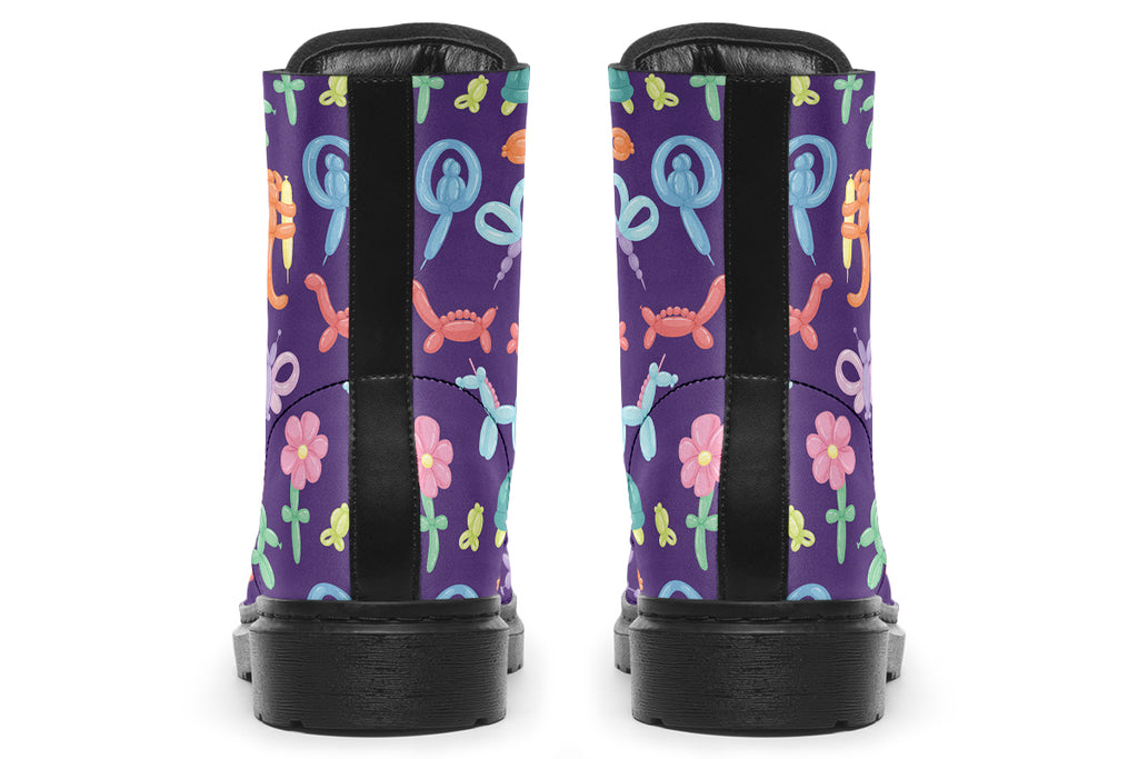 Boots featuring a deep purple background and different coloured ballon animals