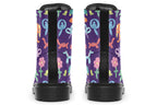 Boots featuring a deep purple background and different coloured ballon animals
