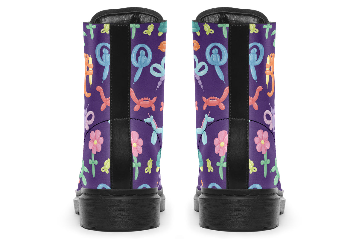 Boots featuring a deep purple background and different coloured ballon animals