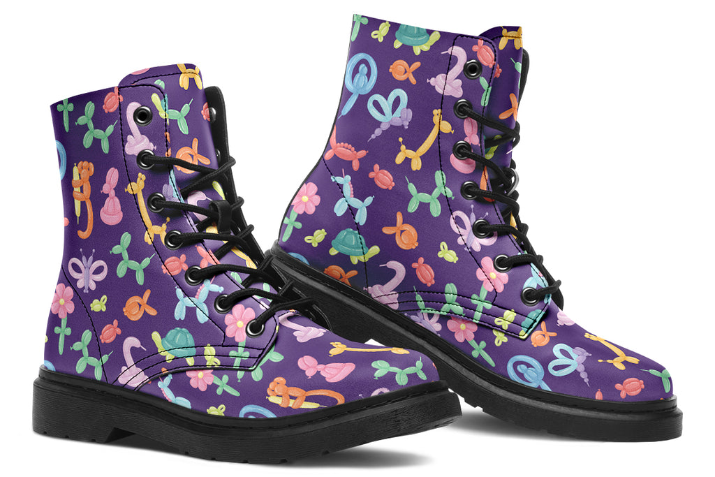 Boots featuring a deep purple background and different coloured ballon animals
