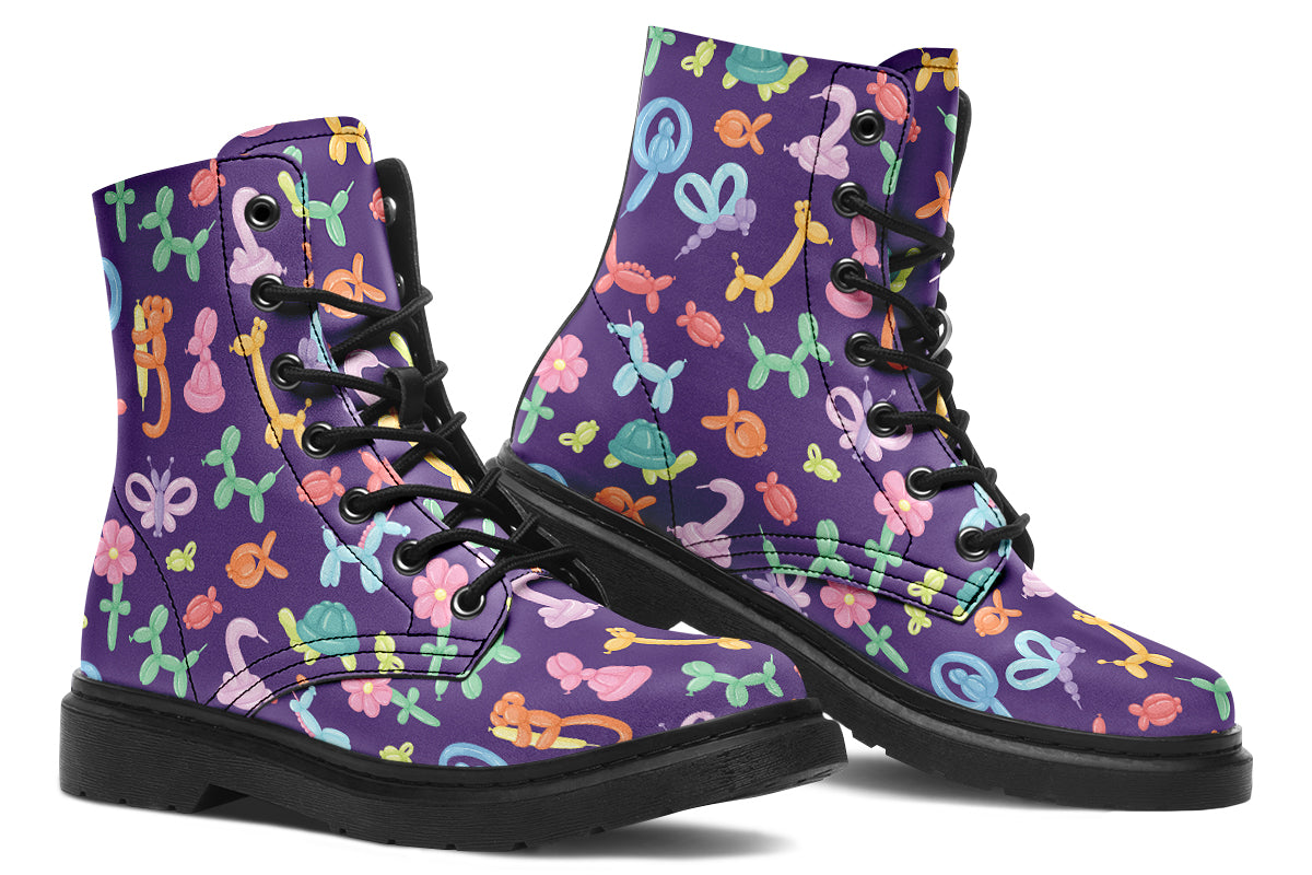 Boots featuring a deep purple background and different coloured ballon animals