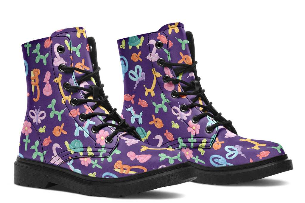 Boots featuring a deep purple background and different coloured ballon animals