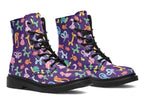 Boots featuring a deep purple background and different coloured ballon animals