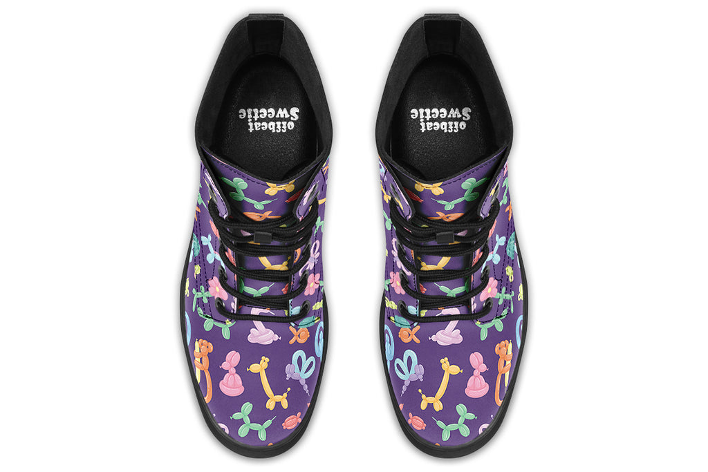 Boots featuring a deep purple background and different coloured ballon animals