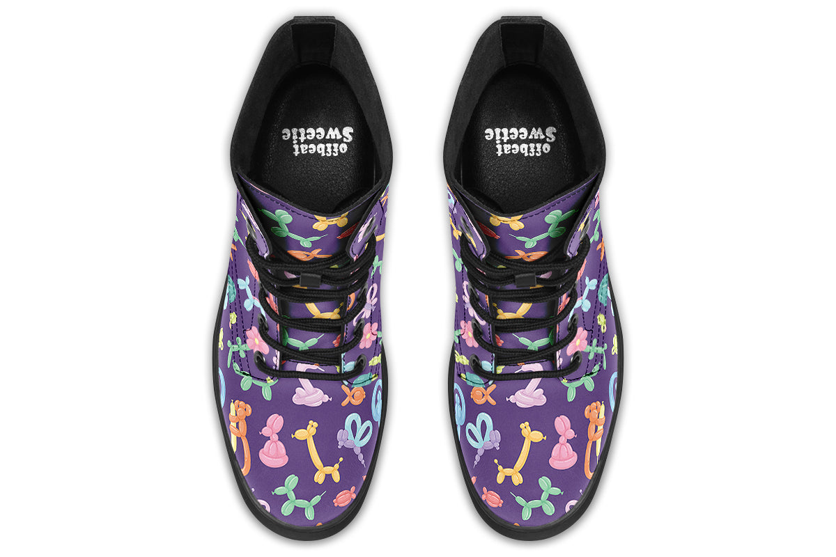 Boots featuring a deep purple background and different coloured ballon animals