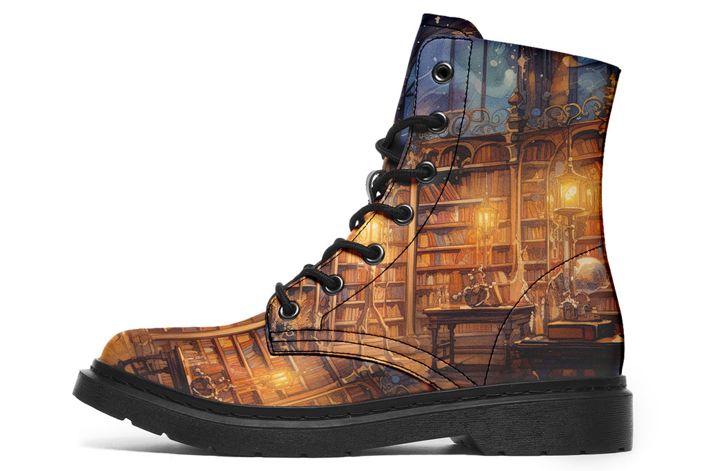 Brown boots featuring a library design with bookshelves