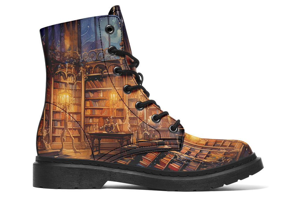 Brown boots featuring a library design with bookshelves