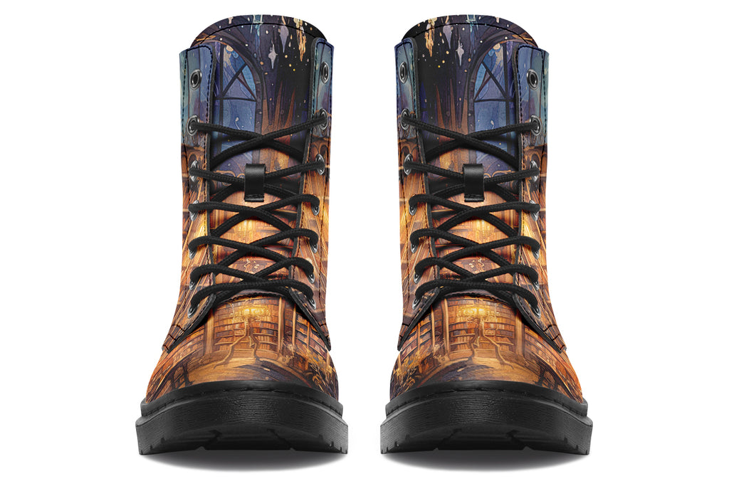 Brown boots featuring a library design with bookshelves