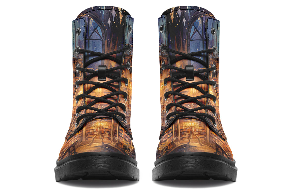 Brown boots featuring a library design with bookshelves