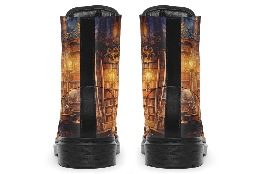 Brown boots featuring a library design with bookshelves