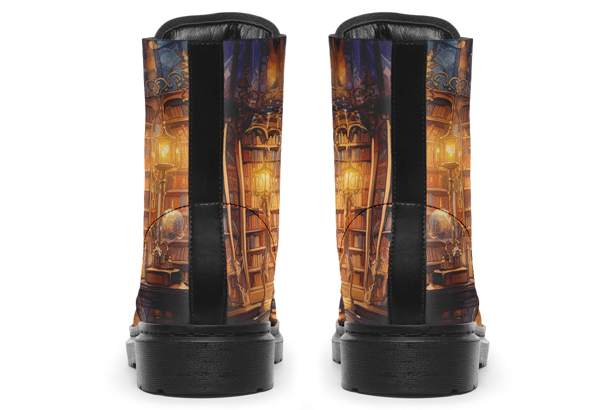 Brown boots featuring a library design with bookshelves