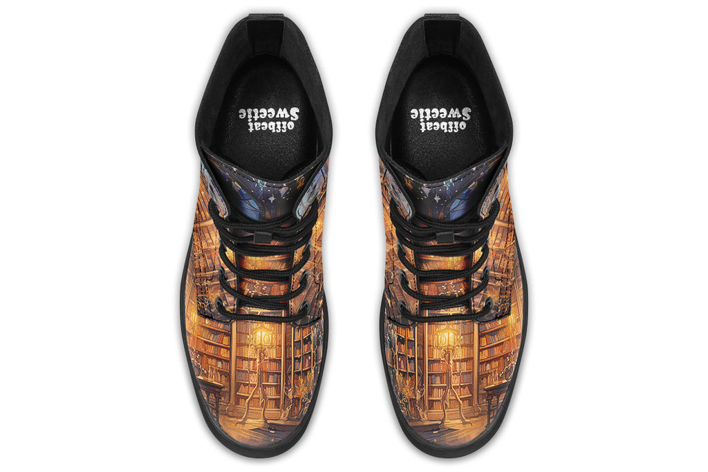 Brown boots featuring a library design with bookshelves