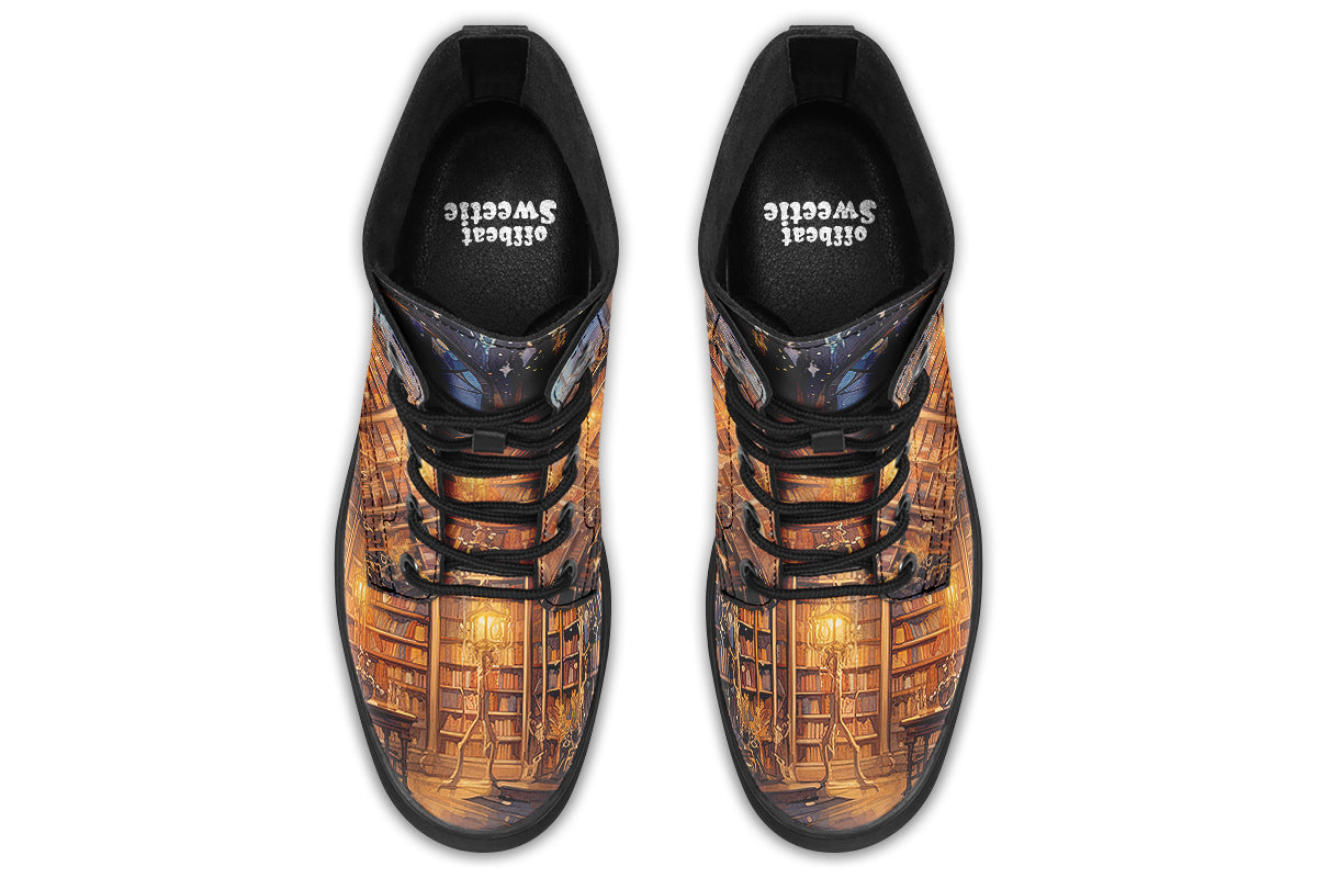 Brown boots featuring a library design with bookshelves