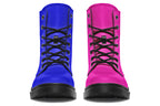 Mismatched boots, one all pink and one all blue.