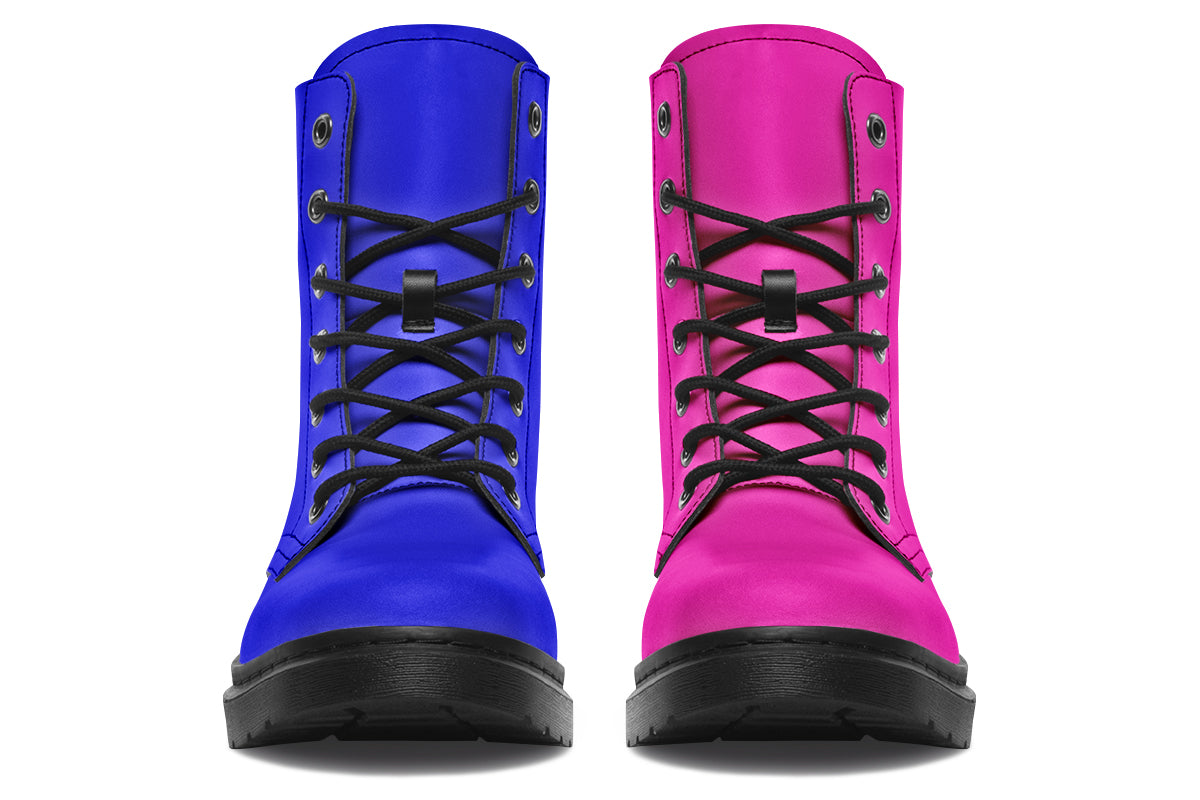 Mismatched boots, one all pink and one all blue.