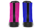 Mismatched boots, one all pink and one all blue.