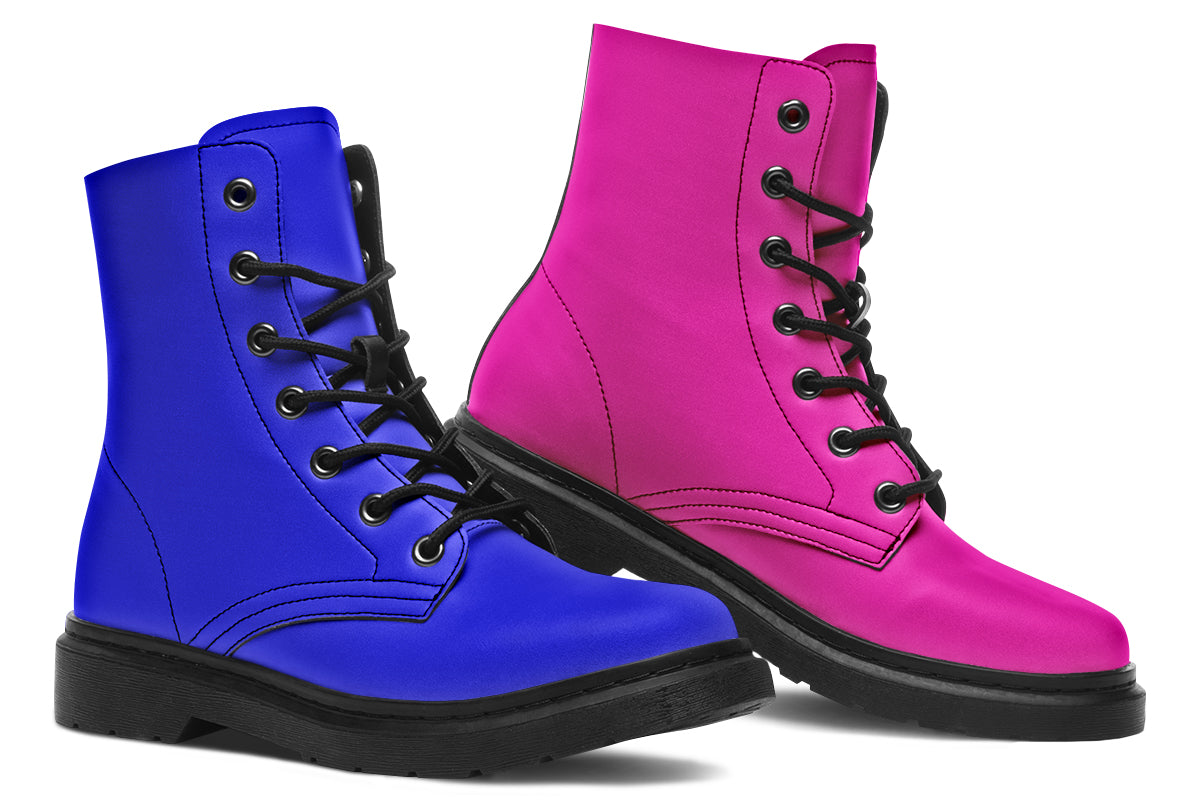 Mismatched boots, one all pink and one all blue.