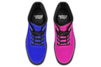 Mismatched boots, one all pink and one all blue.